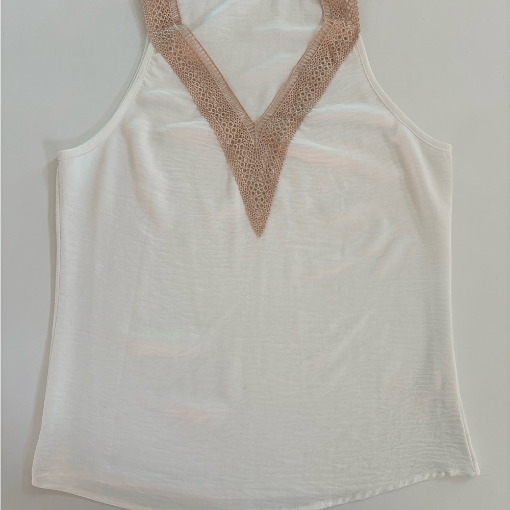 Elegant White and Tan Lace Trim Women's Top